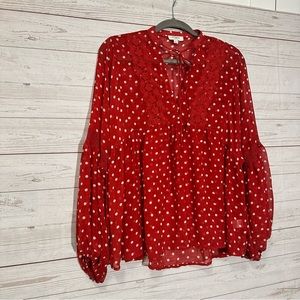 EUC UMGEE long sleeve sheer blouse top red white polka dots lace Valentine day